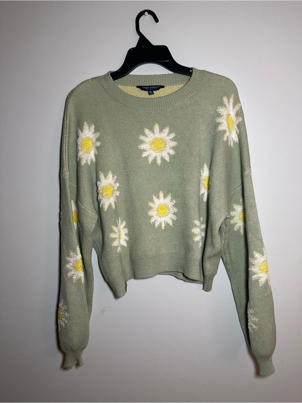 Simply Southern Daisy Sweater Sage Green Floral Knit Cropped XL